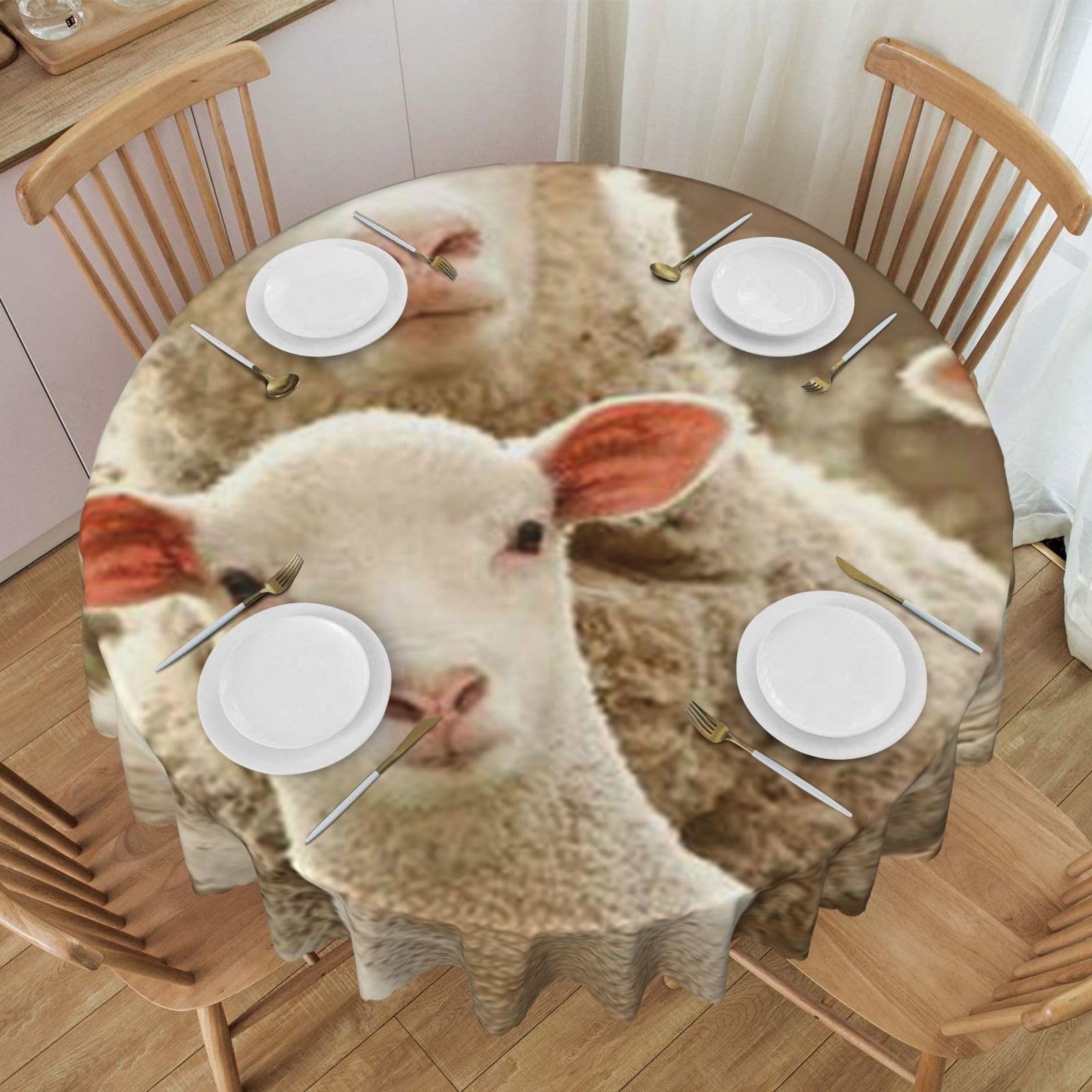 DCEHGEW 60 In Round Tablecloth with Lace, Sheep and Lambs Printed Oilproof & Washable Fabric Picnic Table Cloth Table Covers