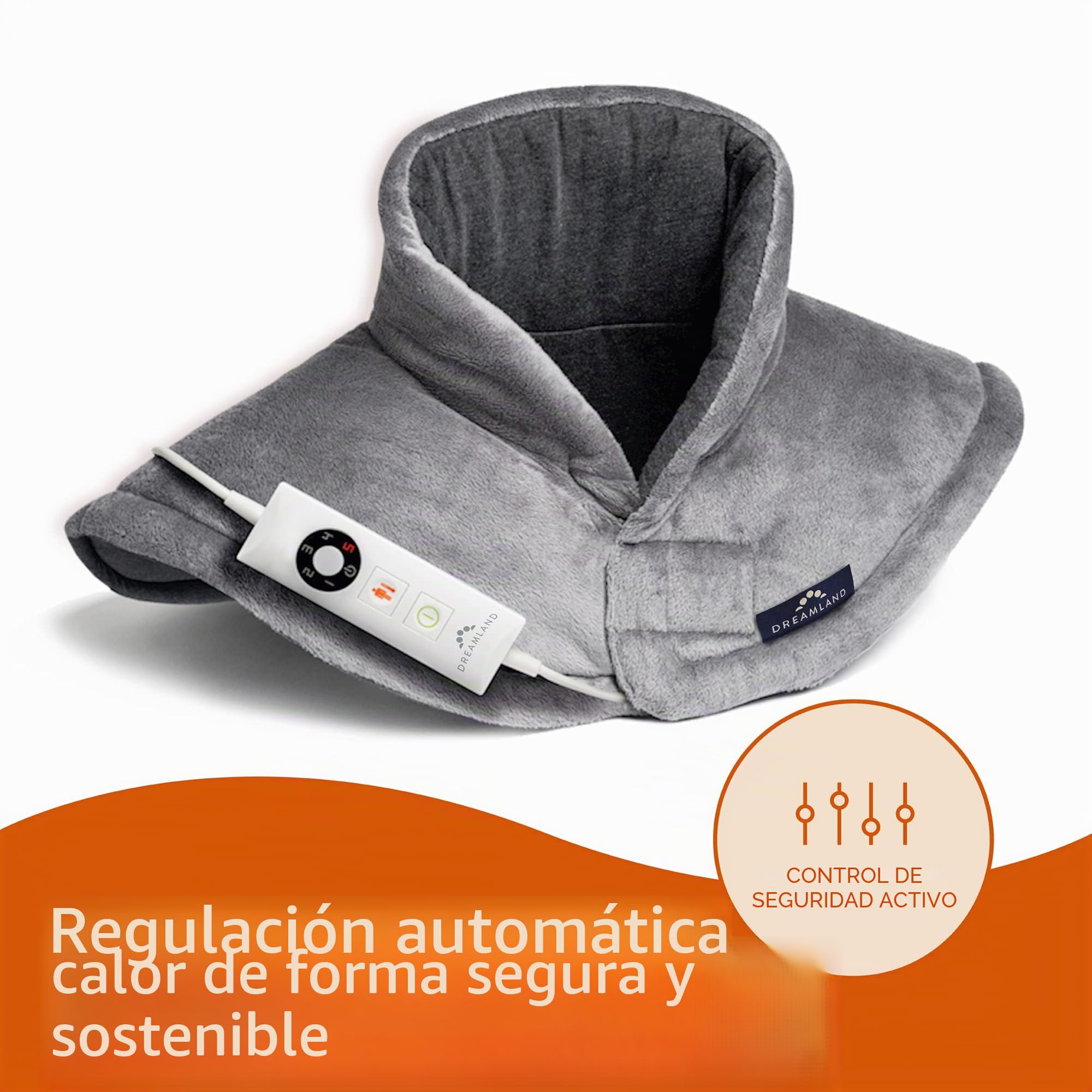 Dreamland Revive Me - Almohadilla térmica para cuello y hombros, gris, calentamiento rápido, temperatura ajustable de 3 horas, apagado automático de seguridad, lavable a máquina, específicamente para