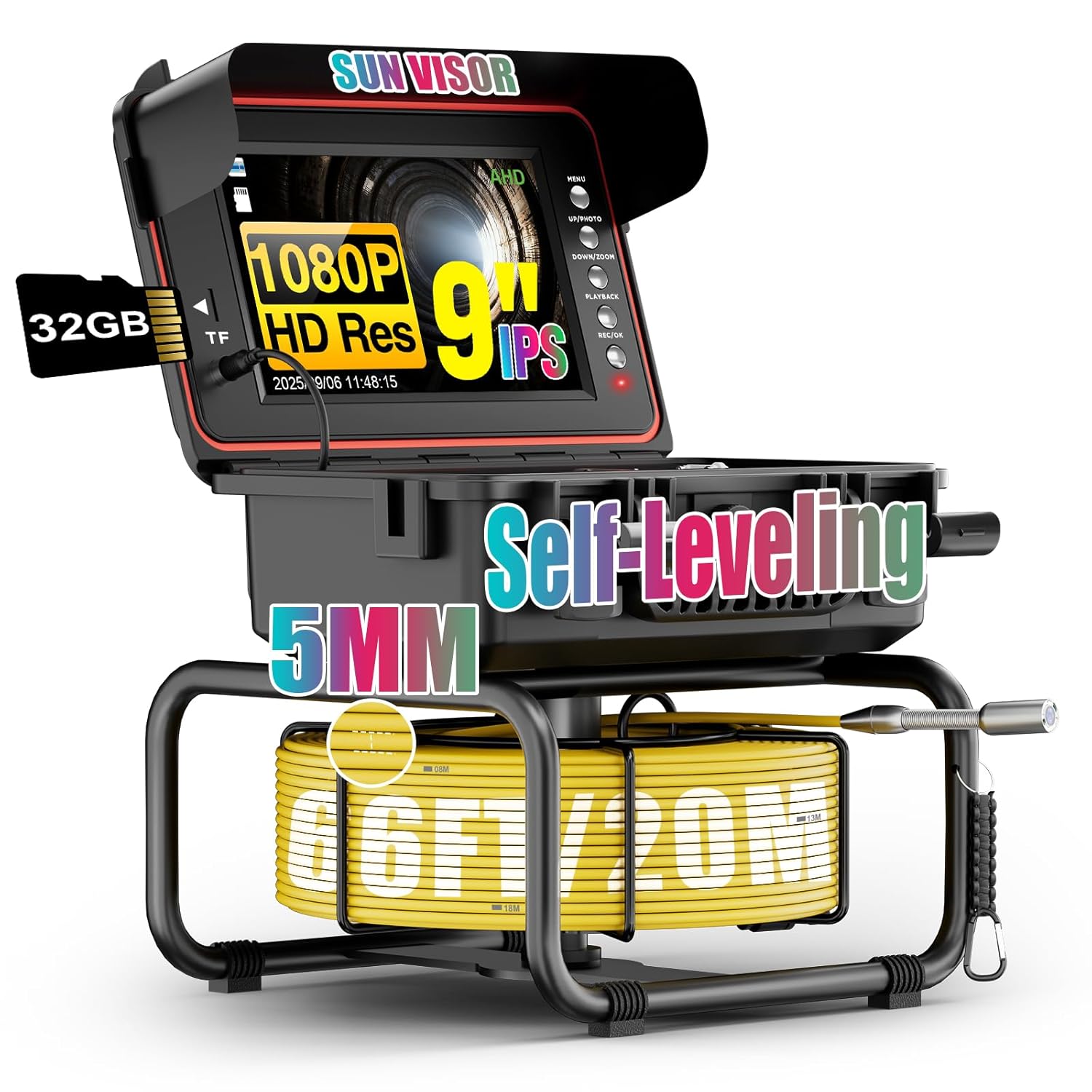 Sewer Camera, Self-Leveling Drain Camera 66 ft with Distance Counter, 9" 1080P HD Plumbing Cameras Snake with 12 LED Lights, IP68 & 32GB DVR, Industrial Endoscope for Duct Sewer Line Pipe Inspection