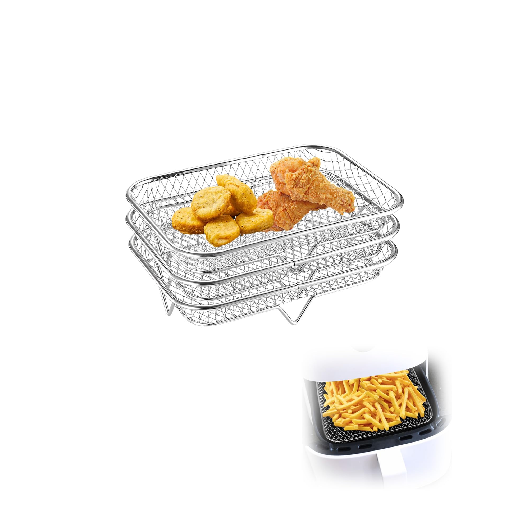 Air Fryer Rack, Stackable Stainless Steel Air Fryer Basket, 3 Layers Cooling Racks for Oven Press Cooker, Rectangle AirFryer Accessories (7.6"Lx5.3"Hx3.7"H)
