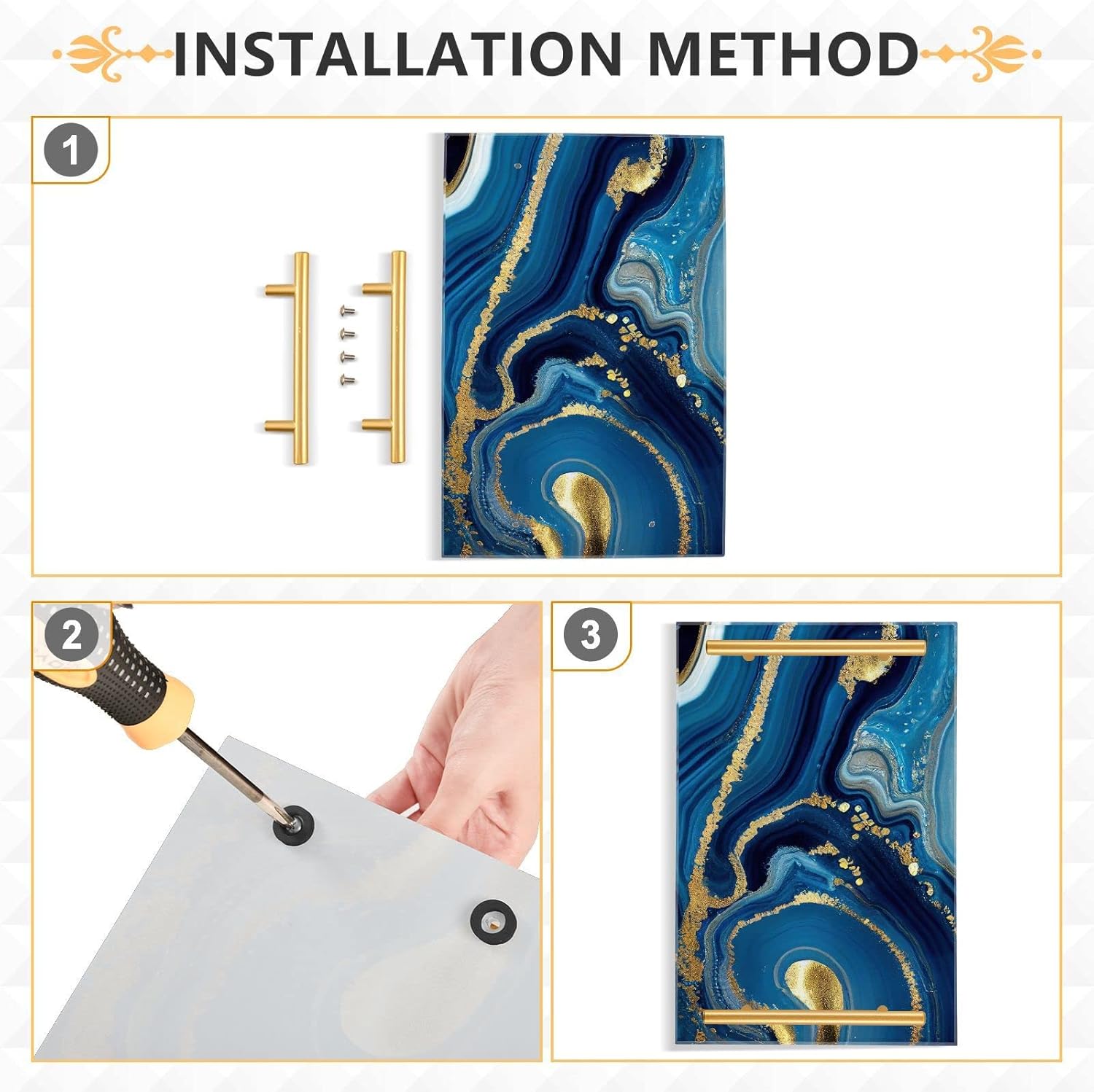 Vanity Tray (Gold Blue Agate), Acrylic Decorative Serving Tray Coffee Table Tray with Metal Handles for Bathroom Living Room Bedroom 7.87×11.81 inches