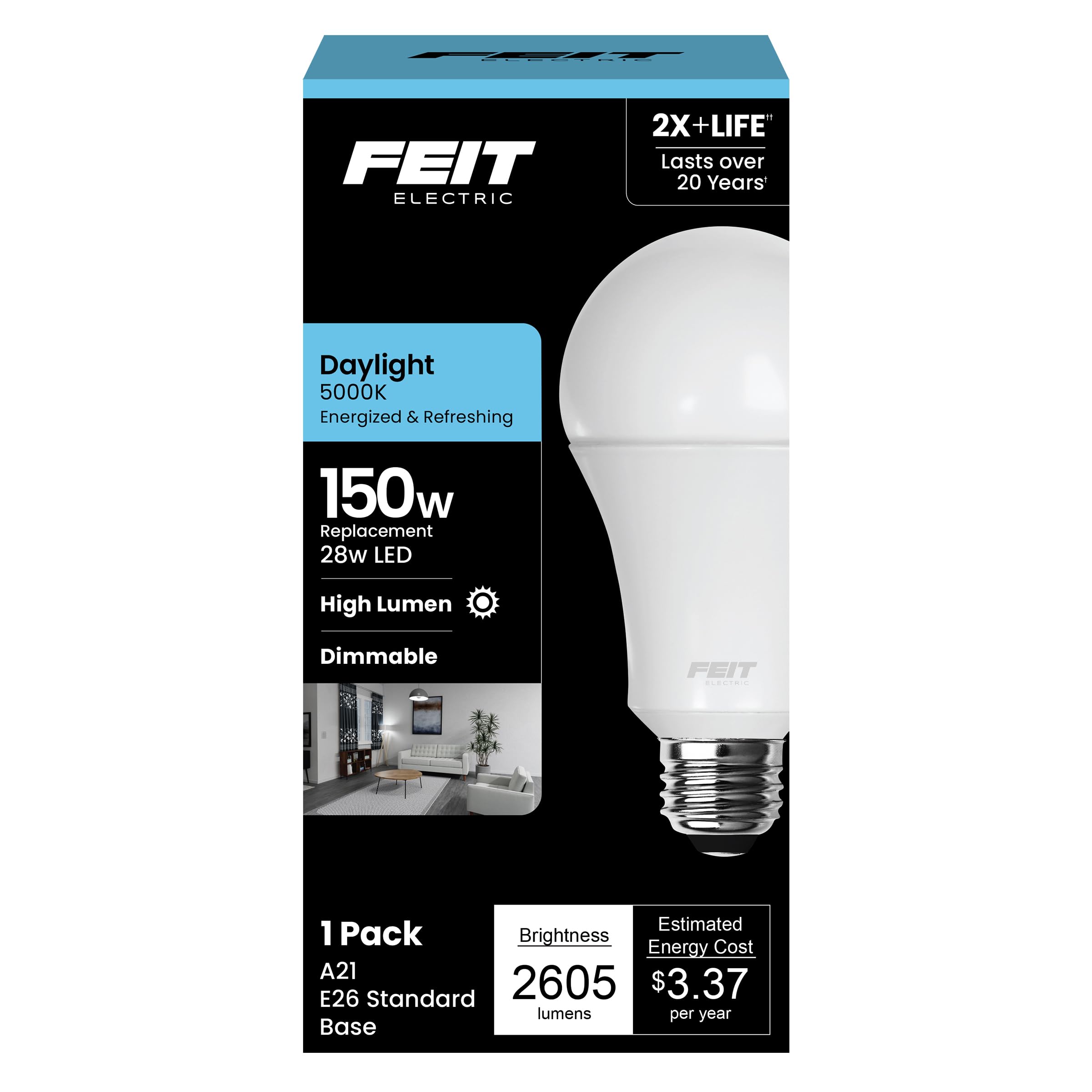Feit Electric A21 LED Light Bulb, 150W Equivalent, Dimmable, 2605 Lumens, E26 Standard Base, 5000K Daylight, 80 CRI, High Output LED Light Bulb, Damp