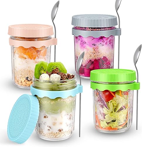 Paquete de 4 recipientes de avena con tapas y cuchara, tarros de avena de 16 onzas para la noche, recipientes de vidrio para preparación de comidas,