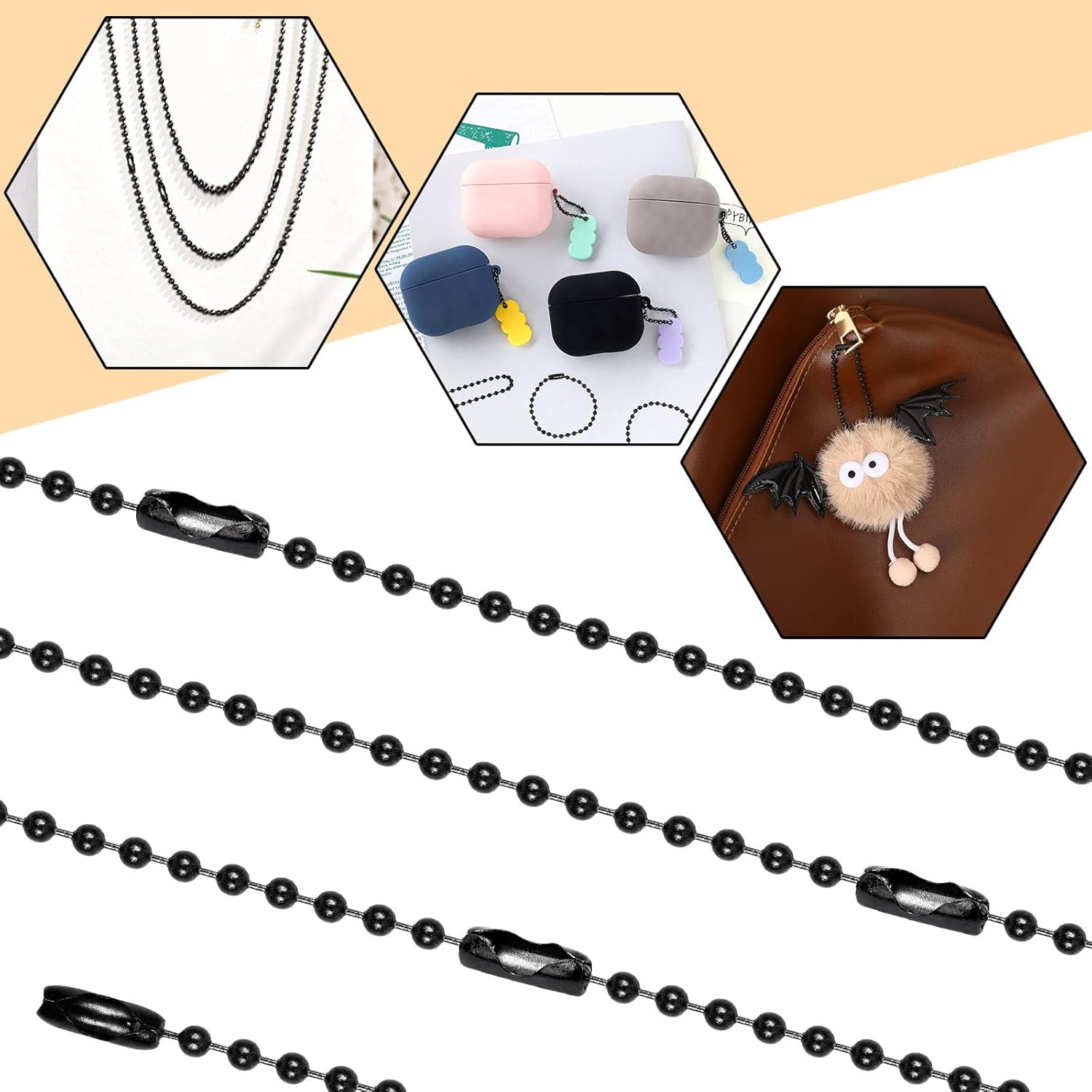 SANNIX 100Pcs Ball Beads Chain, Metal Hanging Chains 4.72 Inch Ball Chain Keychains with Connectors for Hanging Keychain Decoration(Black) - Image 5