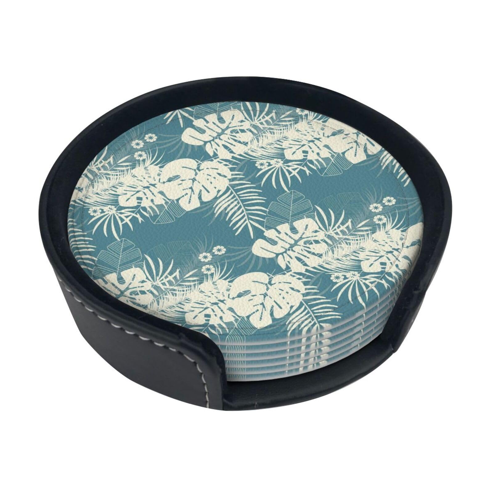 Luxury Cute Leaves Print Round Coasters Set Of 6,Coaster For Tabletop Protection Home Bar Decor