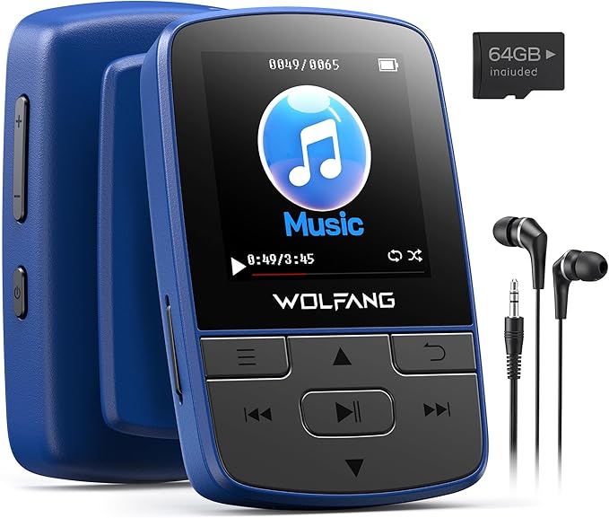 WOLFANG 64GB MP3 Players with Bluetooth 5.2, Sports Clip, Mini Size, Weigh 1 oz, HiF FM Radio, Voice Recorder, Earphones Included - Best deal on Amazon