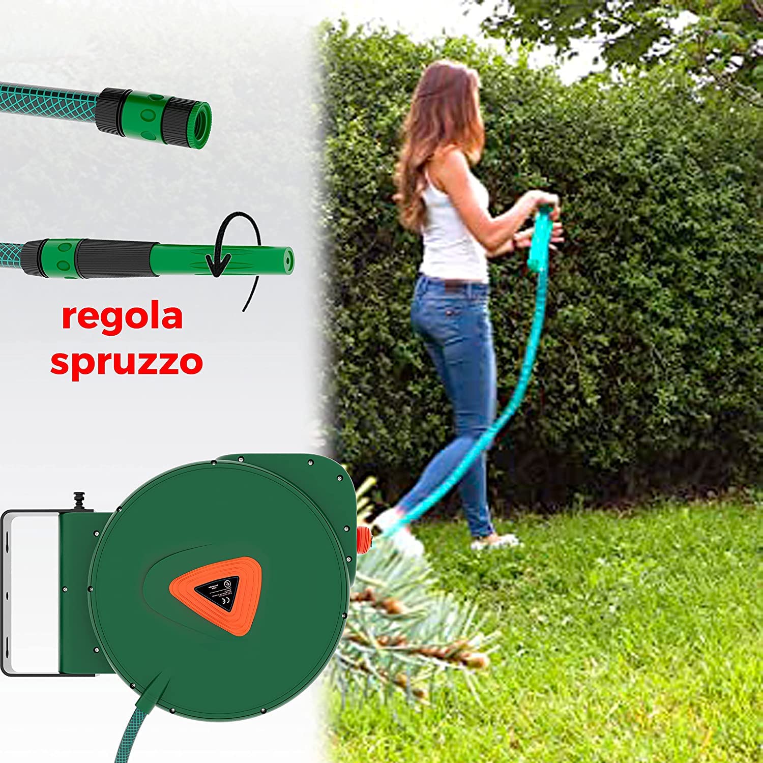 BRICOZONE Avvolgitubo per Acqua con Tubo in PVC Attacco 1/2" da Giardino Fissaggio Parete Muro Blocco Automatico Riavvolgitore Auto Stop Accessorio Esterno Salvaspazio Pressione 24 Bar 20 + 2 M Verde