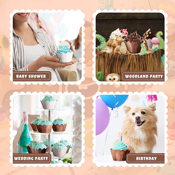 Sabary 120 Pcs Woodland Cupcake Wrappers Wood Grain Rustic Party