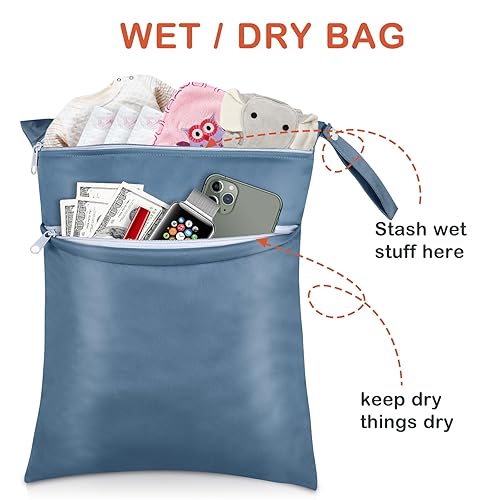 Miniatura 4 de Angel Love Bolsas húmedas, paquete de 2 bolsas para pañales de tela para bebé, bolsas húmedassecas con dos bolsillos con cremallera, viajes, playa,