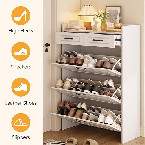 Vista 40 de Armario de zapatos para entrada, armario estrecho de almacenamiento de zapatos con 3 cajones abatibles y 2 cajones superiores, armario organizador