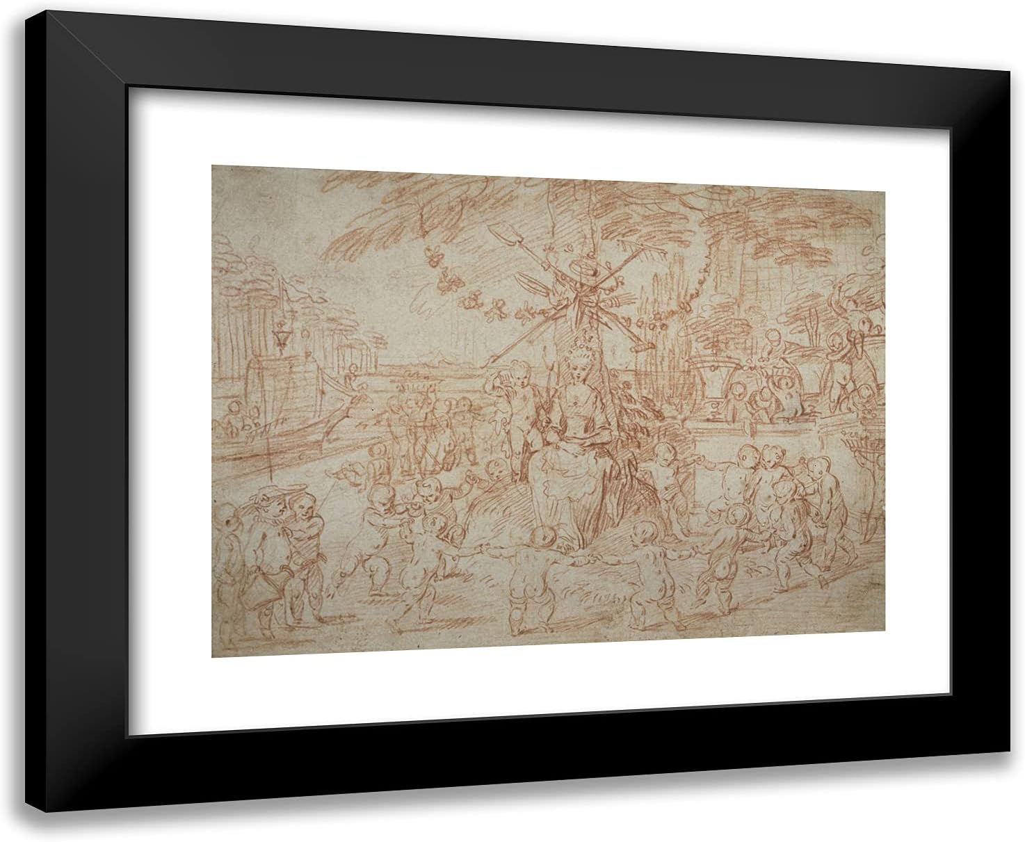ArtDirect Jean Antoine Watteau 24x20 Black Modern Framed and Double Matted Art Print Titled Allegory of Spring, or The Young Gardeners