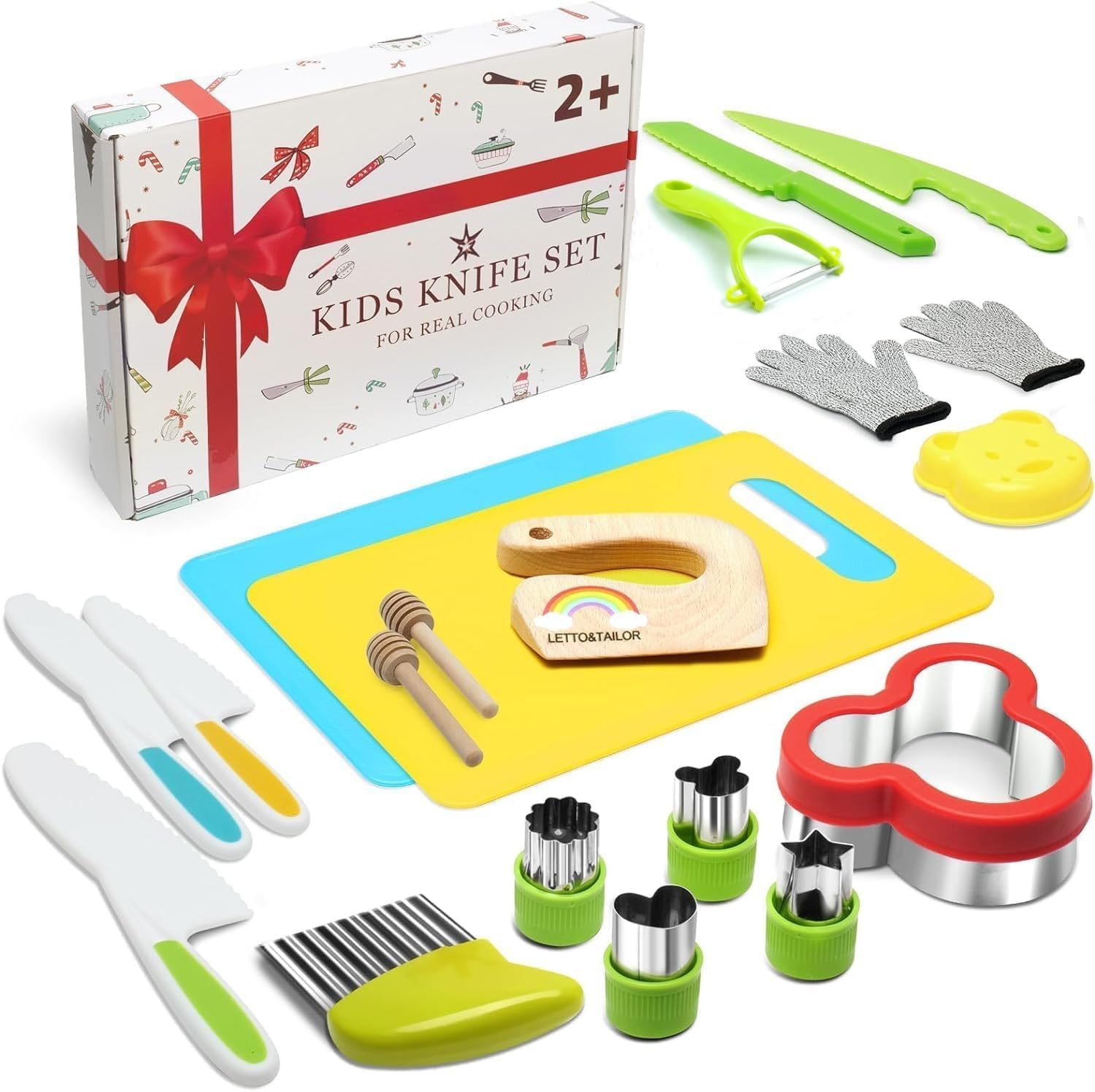 LETTO & TAILORKids Knife Set of 21 Safety Kitchen Knives for Kids with Vegetable Cutter, Wooden Knife, Cutting Board