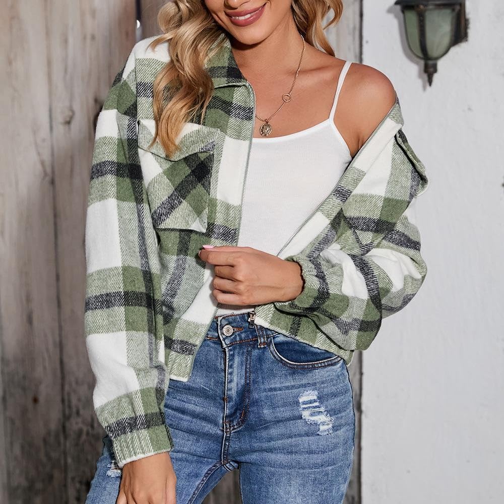 Chaqueta Mujer Invierno Abrigos De Cazadora Forro Polar，Chaqueta polar mujer con cremallera diseño corto a cuadros abrigo para invierno chaqueta acogedor de otoño informal y versátil con bolsillo