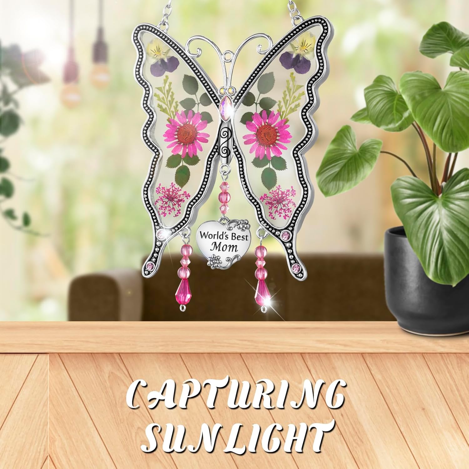 LARAINE Butterfly Suncatcher with Pressed Colourful Flower Wings Mother's Day Butterfly Glass Wind Chime Ornament Charm with Metal Heart Gifts for Grandma Aunt Birthday (Pink, Mom) - Image 2