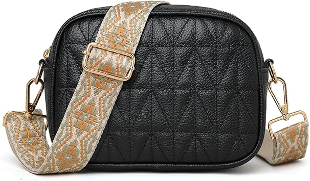 Eslcorri Small Crossbody Bags for Women Trendy - Quilted Vegan Crossbody Purse Wide Strap Ladies Shoulder Handbags Multi Zipper Pockets Wallet for Summer Travel Shopping - Black