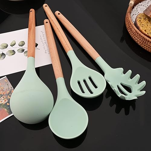 Miniatura 3 de JASHII Juego de utensilios de cocina de silicona verde claro con mango de madera, 12 piezas de utensilios de cocina, antiadherentes, resistentes al