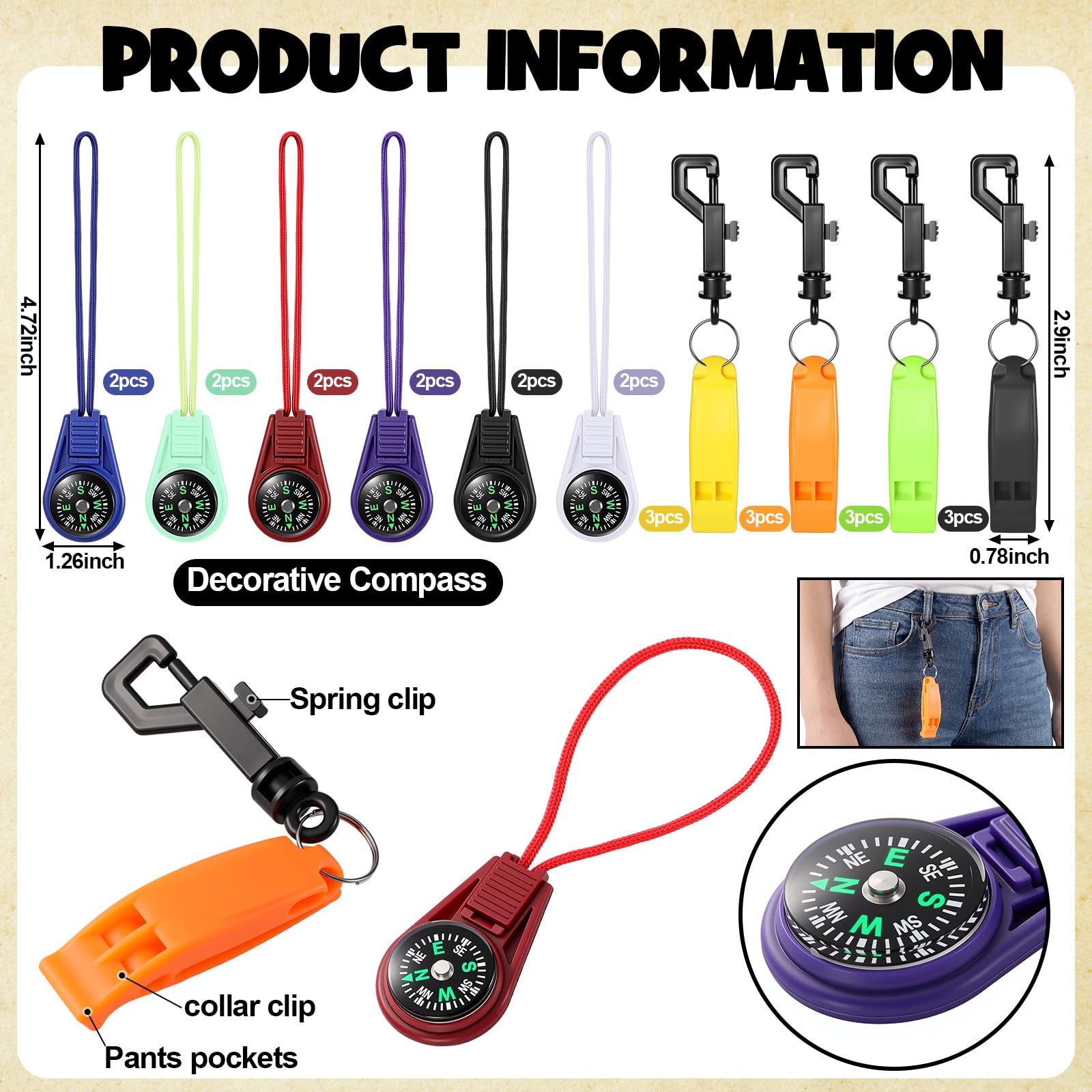 Relaxweex Juego de 24 piezas de brújula y silbato para niños, 12 mini brújula de bolsillo para senderismo, paracaídas, 12 silbatos pequeños, llavero con cordón para senderismo, supervivencia