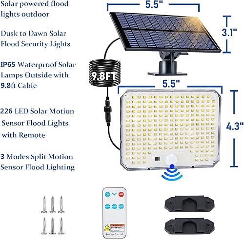 Miniatura 7 de Reflectores solares para exteriores, 226 luces LED con sensor de movimiento, iluminación solar del atardecer al amanecer con 3 modos, control