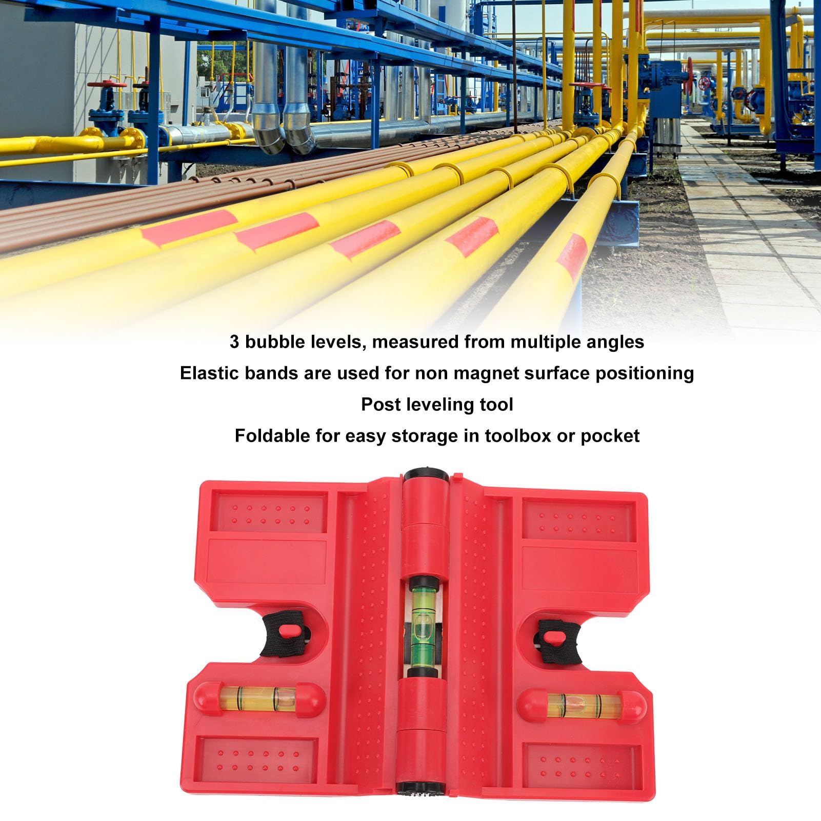 Magnetic Post Level, 3 Vials Folding Post Level Tool with Elastic Loop Post and Beams Leveling for Posts Pipes Railings and Signs Red