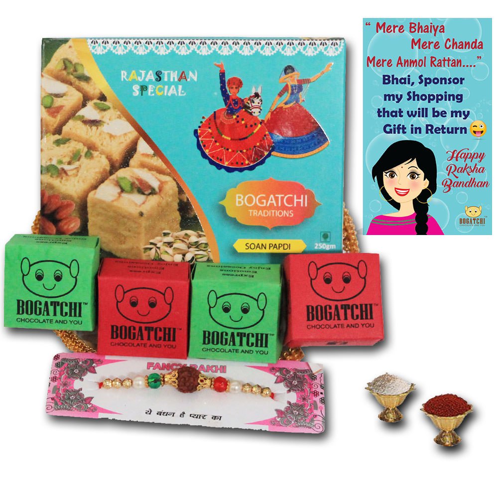 BOGATCHI Rakhi Gift Basket with Chocolate (4pcs) and Blue Box of soan papdi, 250g + Free Rakhi, Free Rakhi Greeting Card + Free Roli Chawal-image-11