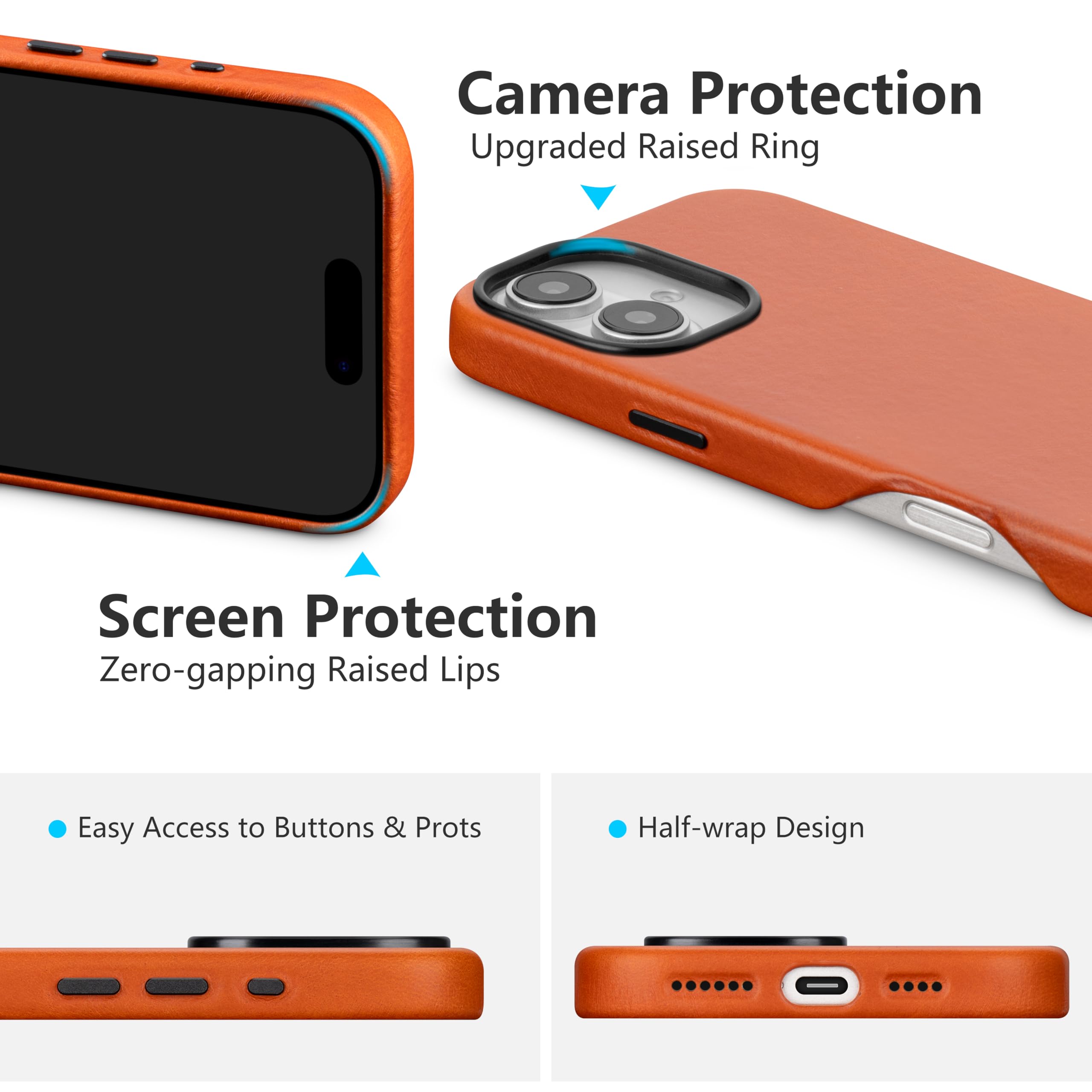maogoam Funda de piel para iPhone 16 Plus de 6.7 pulgadas, compatible con MagSafe, cuero auténtico de grano superior curtido vegetal, botones de metal y marco de cámara, estilo elegante, naranja