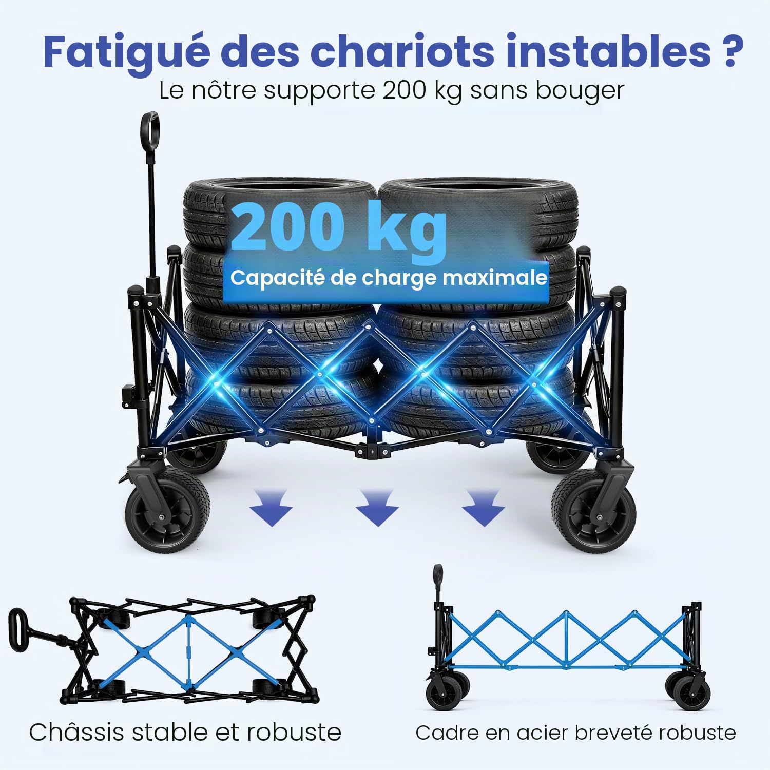 BEAU JARDIN Chariot Tout Terrain Pliable 250 kg 300 L – Roues XXL 18×10 cm avec Frein, Poche Latérale, Toile 600D Imperméable, Structure Renforcée – pour Plage Camping Pêche Jardin Transport