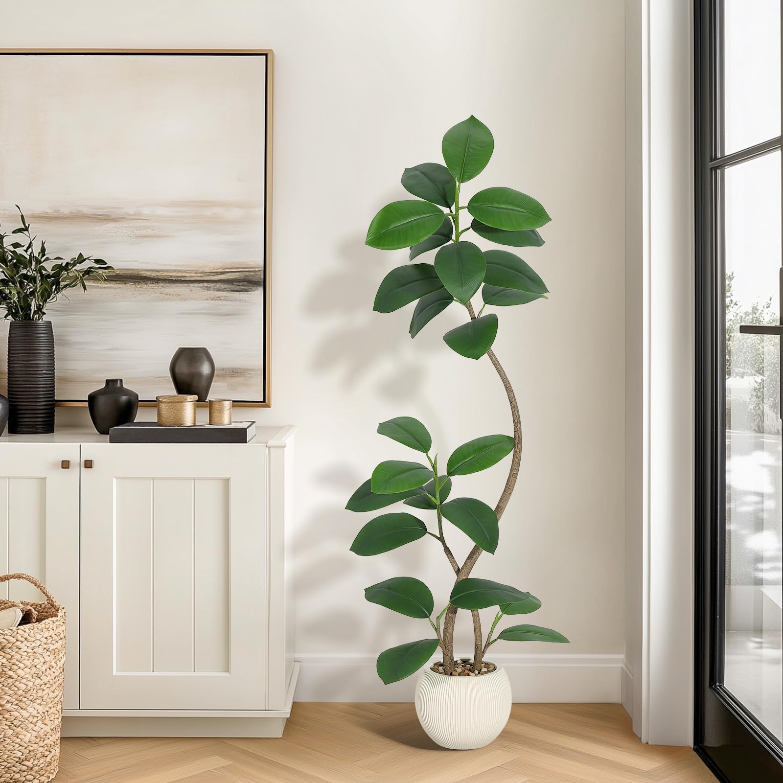 Acekool Real-Touch Künstlicher Gummibaum (Ficus elastica) – Indoor Kunstbaum als Bodenpflanze – 2-stämmig – Resin-Kugel-Topf mit Steinen – Höhe 150 cm, Topf Beige Mine Pot Flower Stone, Größe 150cm