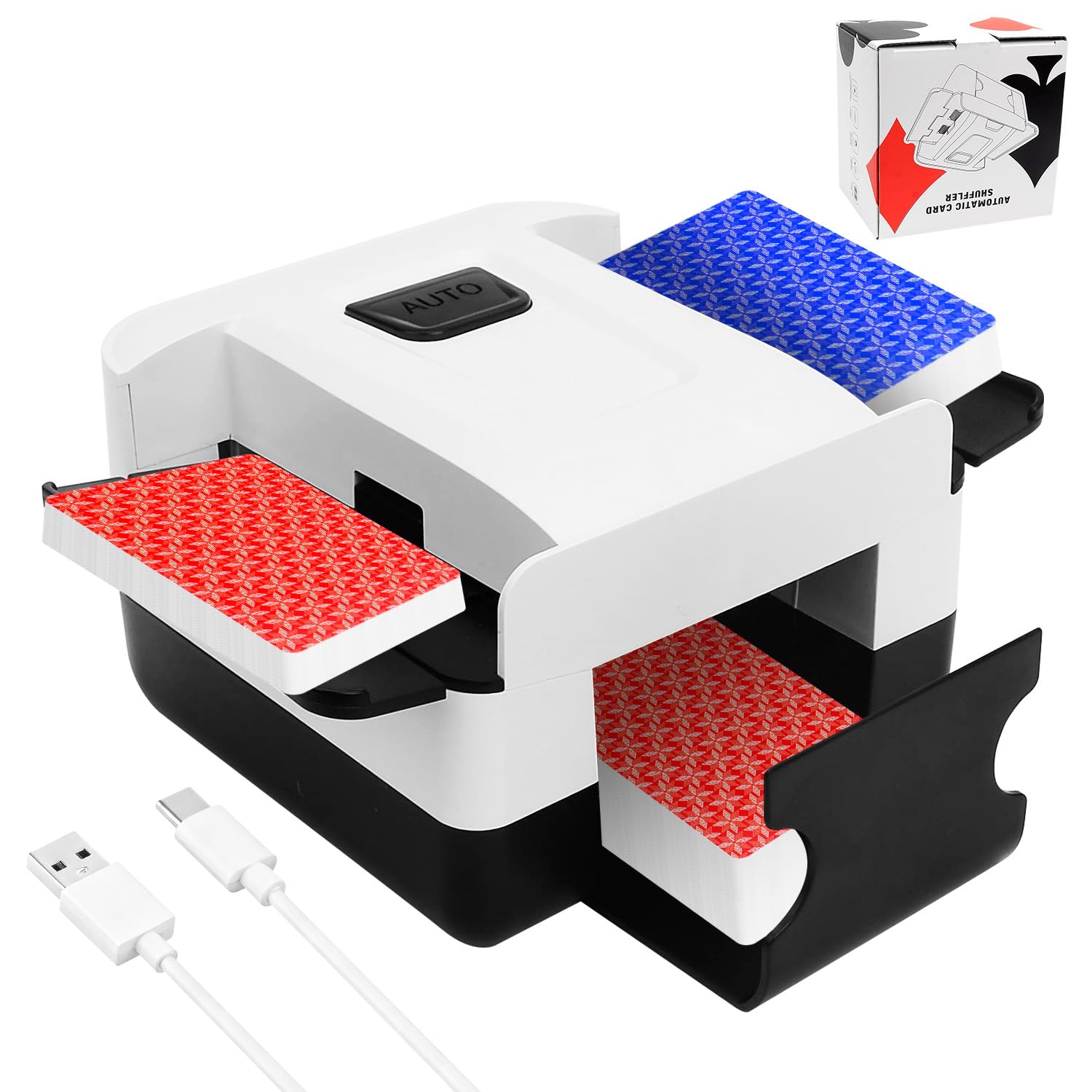 COLEESON Automatic Card Shuffler, 1 to 2 Deck Electric Card Shuffling Machine, Rechargeable 2000mAh One Button Card Dealer for Poker Blackjack U-NO Skip Bo, Quiet Fast Card Mixer for Game Night