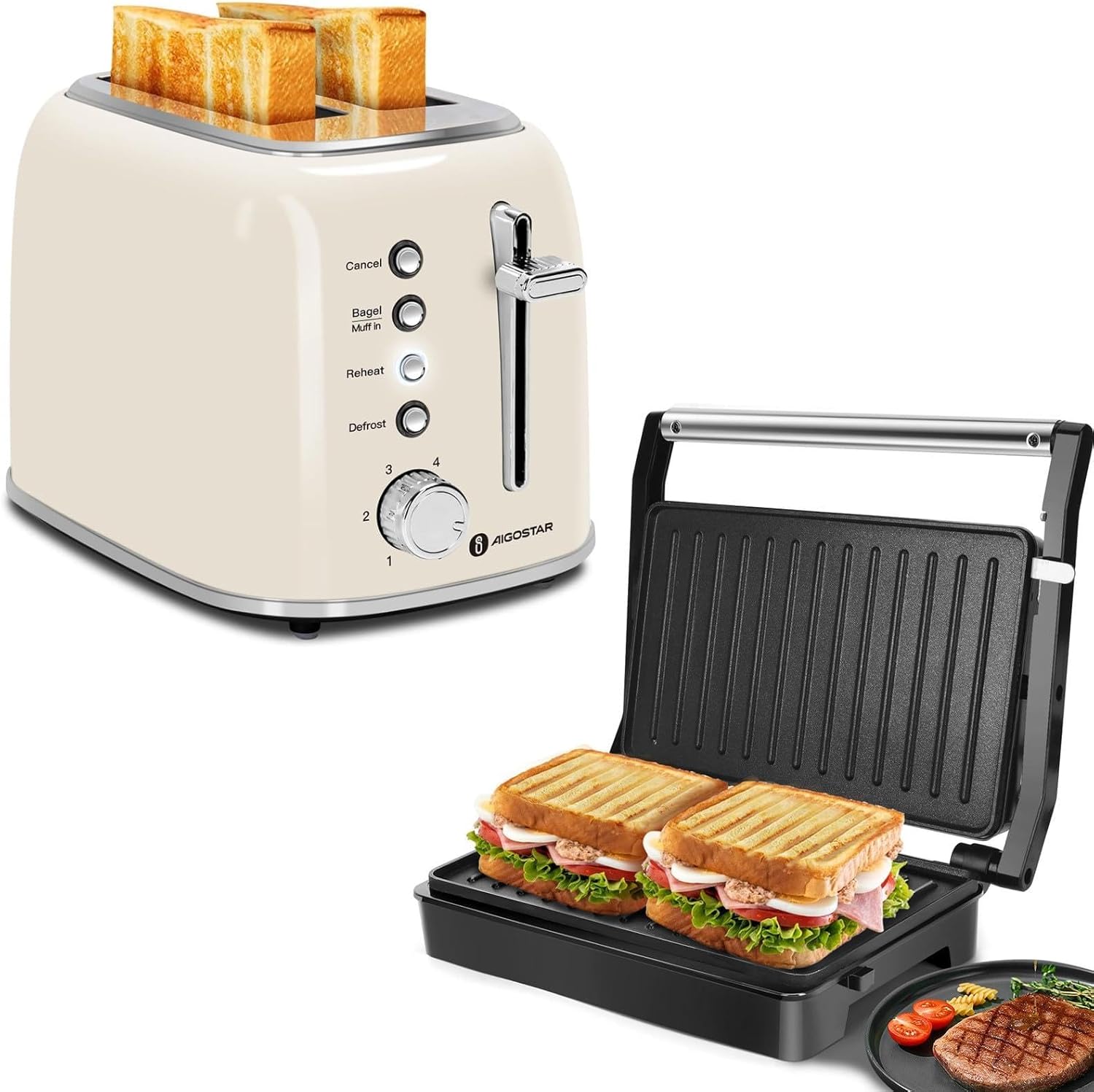 Aigostar Toaster 2 Slice, Retro Extra-Wide Slot Toasters and Panini Press Sandwich Maker, Aigostar 1000W Sandwich Press Grill with Non-Stick Coated Plates