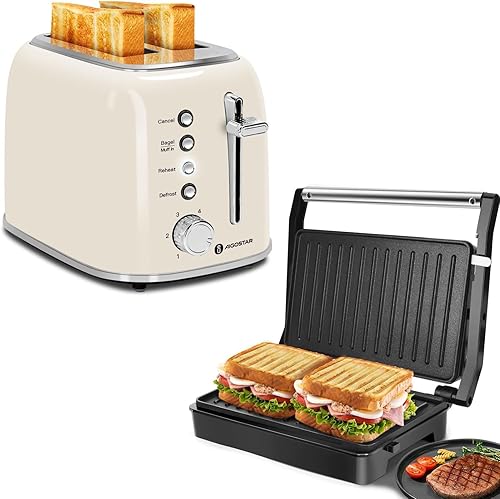 Aigostar Tostadora de 2 rebanadas, tostadoras retro extra anchas y sandwichera de prensa Panini, parrilla de prensa de sándwich Aigostar de 1000 W