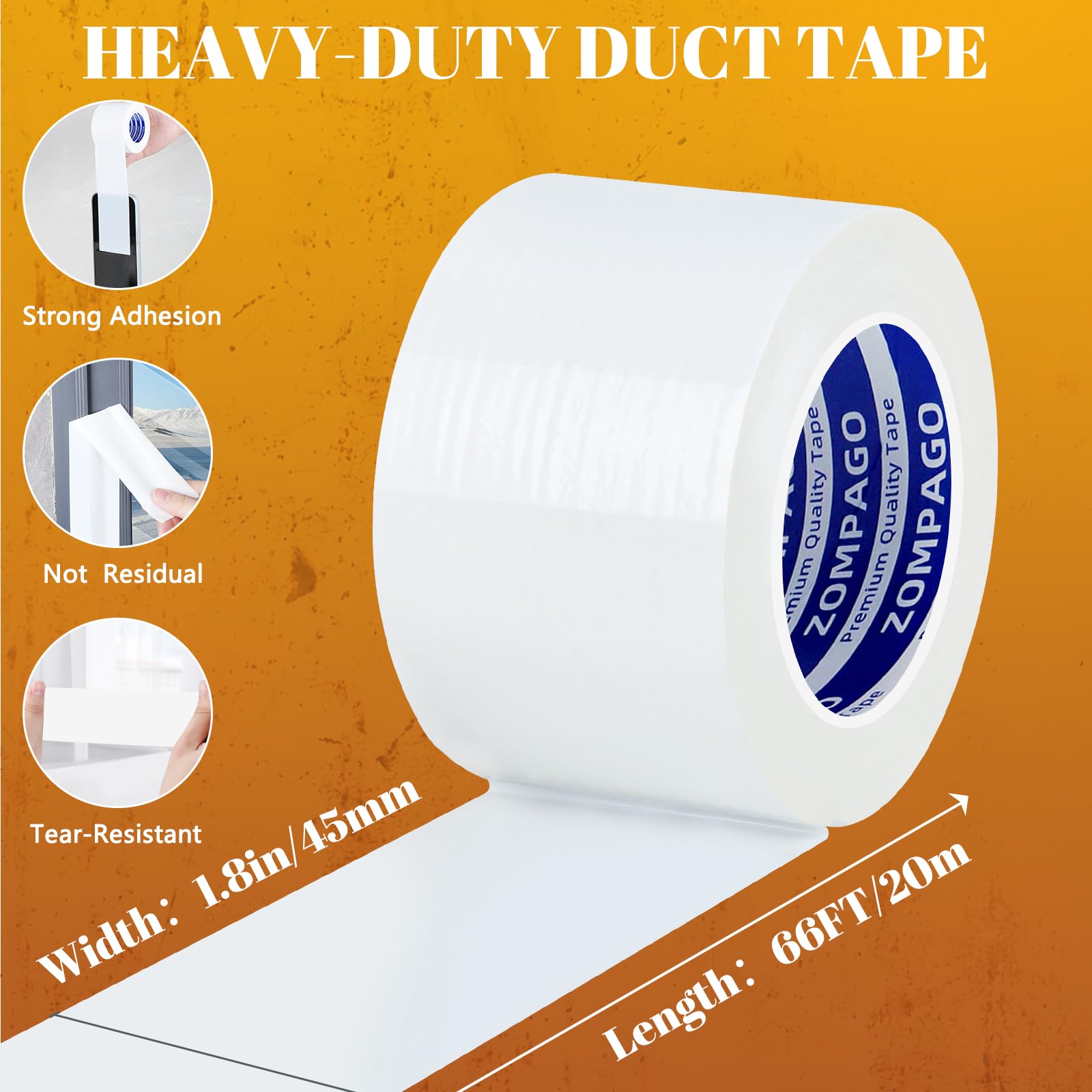 ZOMPAGO Heavy-Duty Black Duct Tape - 1.8in x 66FT,Strong Waterproof Adhesive & UV-Resistant,No Residue,Home Repair Tape,Industrial Packaging,Carpet,Outdoor Use,DIY Projects,All-Weather Duct Tape