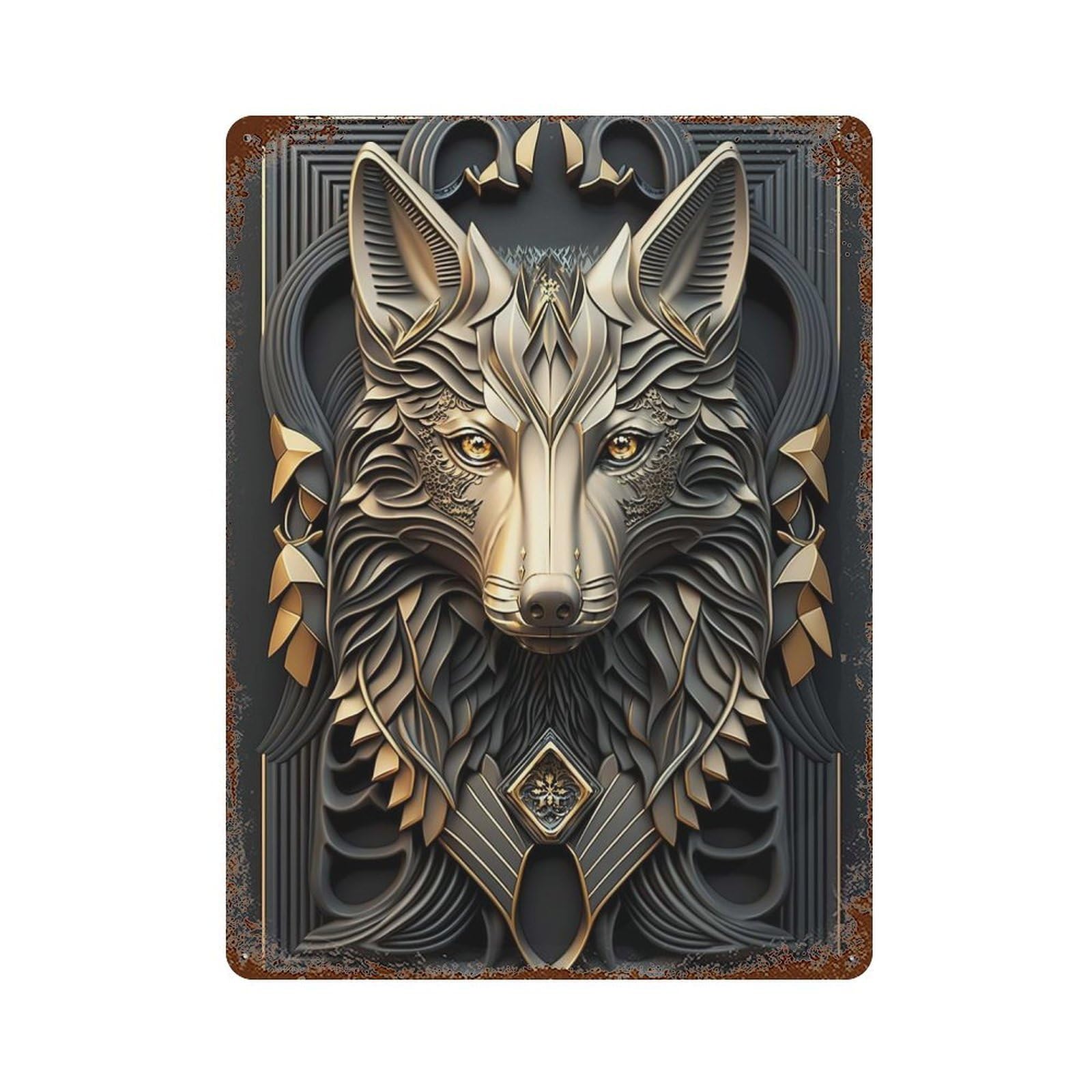 Golden King Wolf Elegant 15.7"x11.8" Vintage Rust Metal Sign, Novelty Wall Decor for Living Room, Hallway And Home Decor
