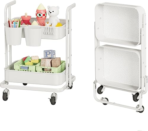 Miniatura 6 de DTK 4 Tier Foldable Rolling Cart, Metal Utility Cart with Lockable Wheels, Folding Storage Trolley for Living Room, Kitchen, Bathroom, Bedroom and