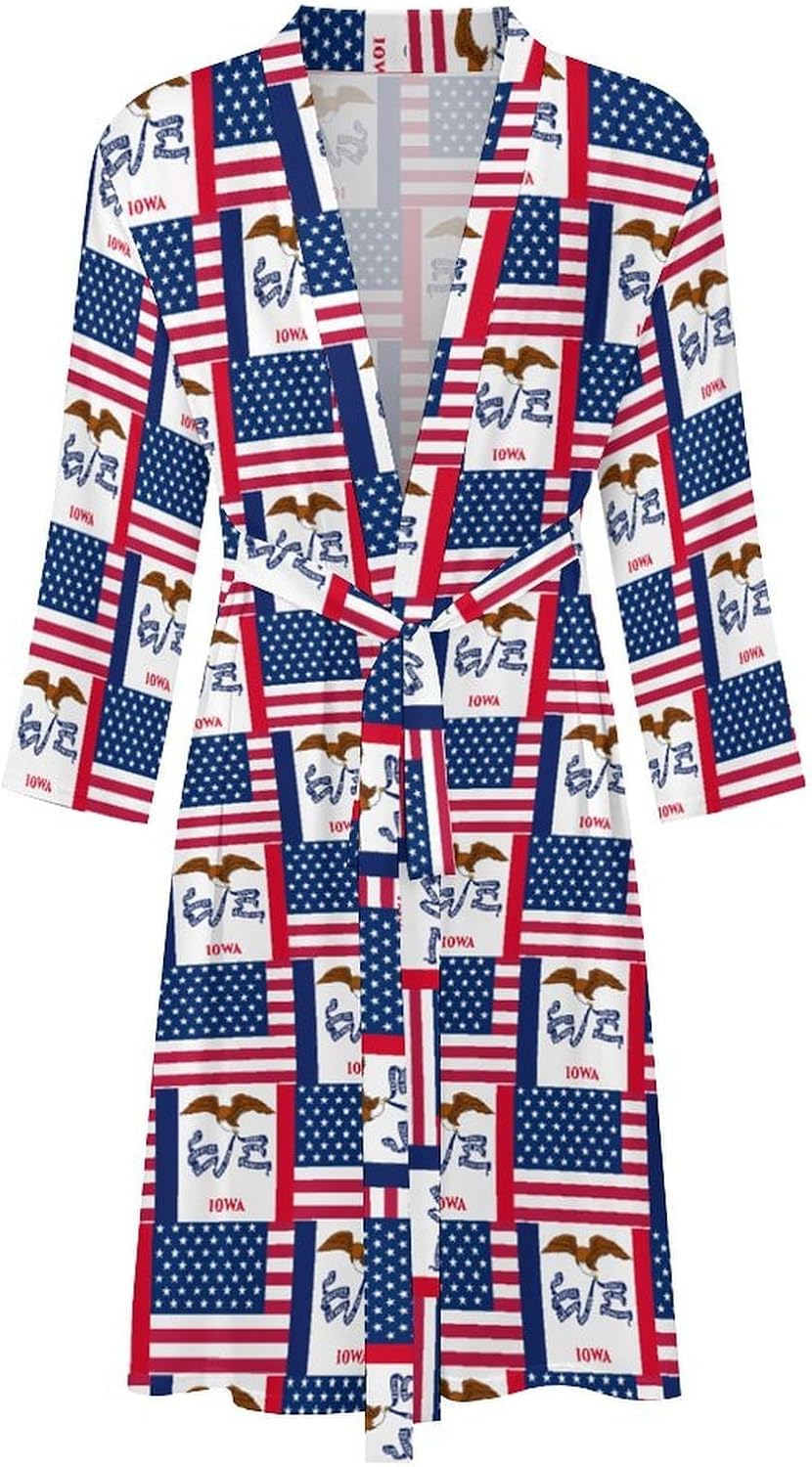 Flag of Usa And Iowa Mens Robe Long Bathrobe for Women Bath Robes Lightweight Soft Printed Sleepwear