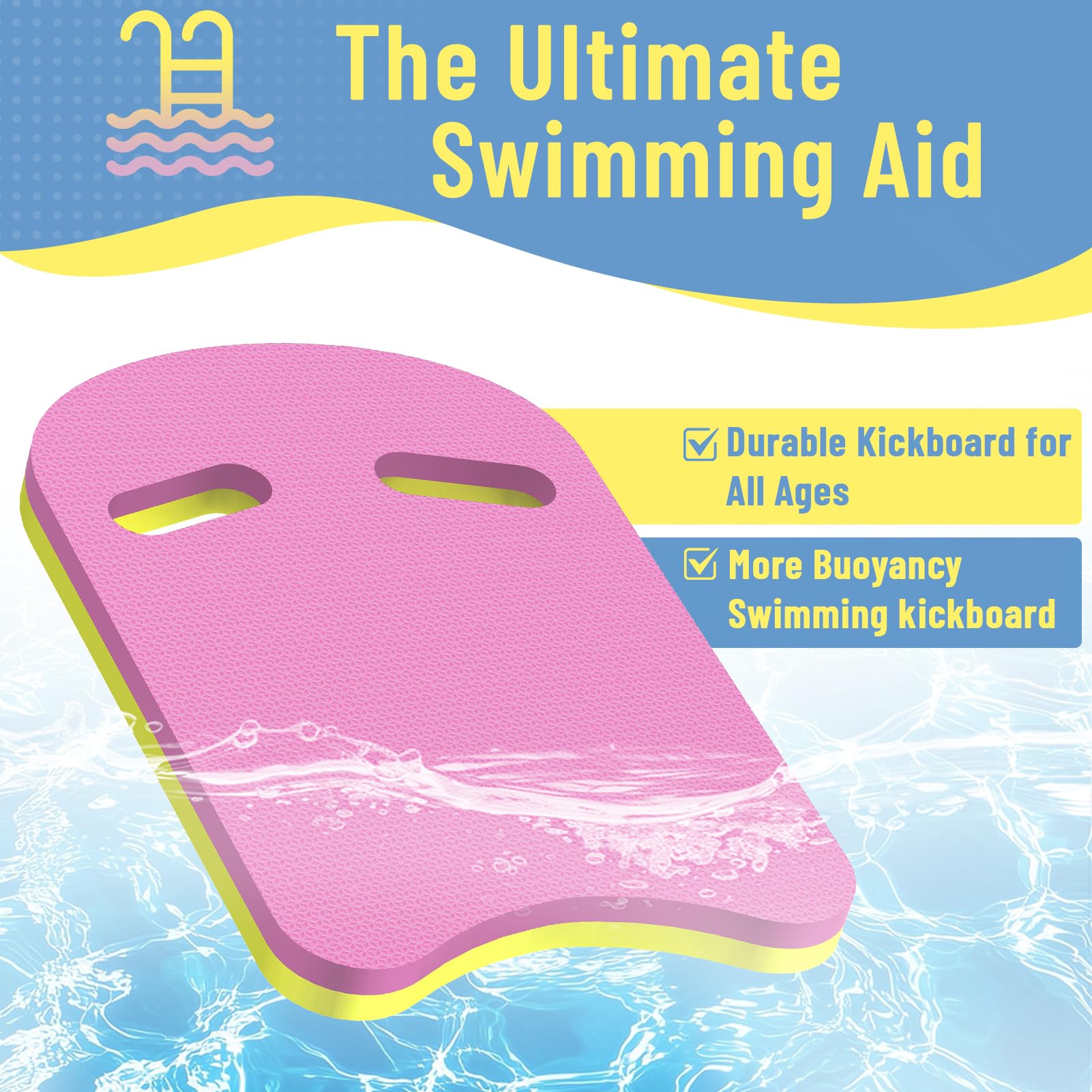 2 tablas de natación en forma de U con mango de 2 agujeros hechas de EVA, 17 x 12 x 1.1 pulgadas, ligeras y duraderas, adecuadas para principiantes y nadadores avanzados para entrenamiento (1 rosa + 1