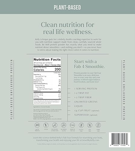 Vista 22 de Be Well by Kelly - Proteína en polvo a base de plantas de vainilla, vegana 0.71 oz de proteína 8G de fibra 0 carbohidratos netos