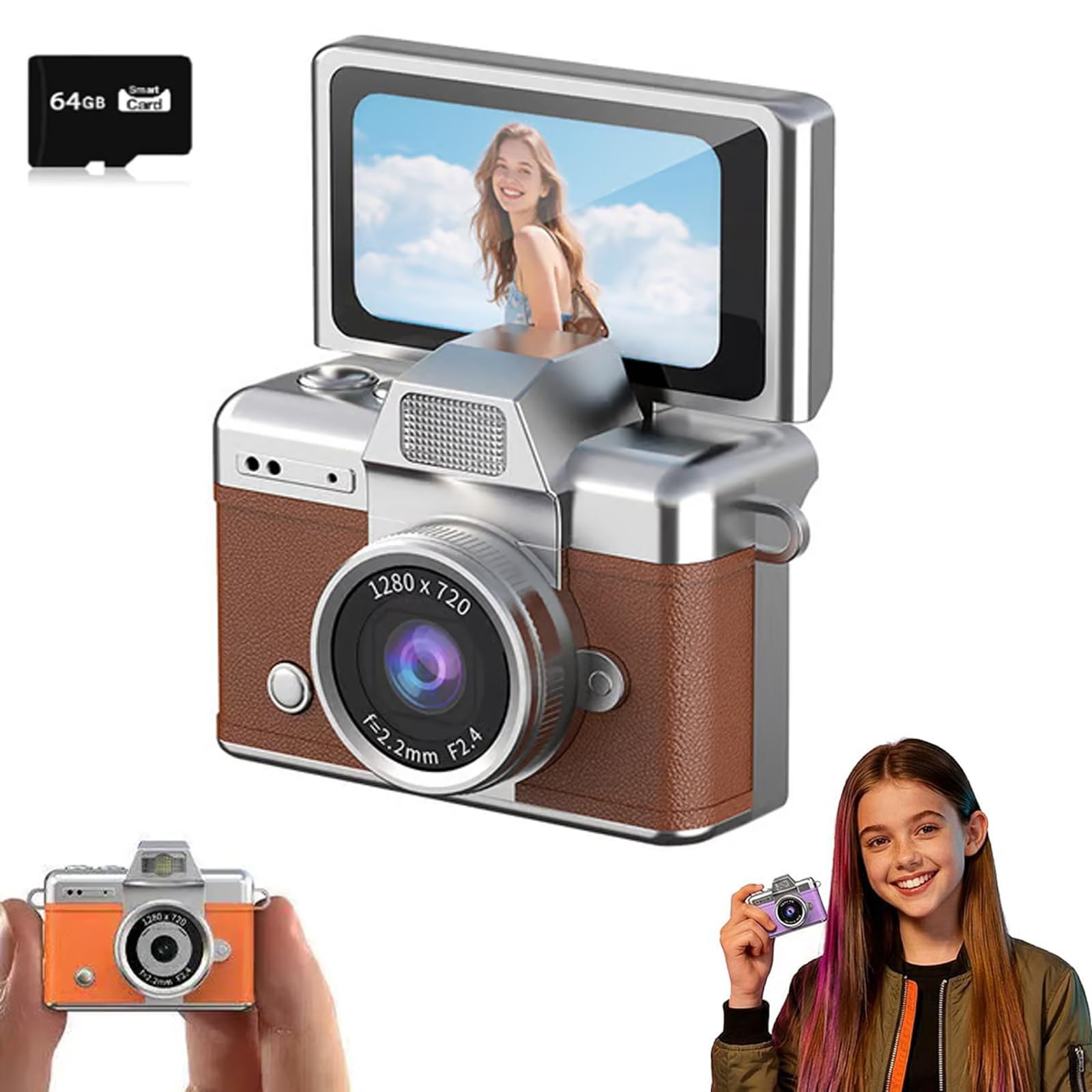 Mini Digital Camera with 1.47 in LCD Screen, 1080P Flip Screen Mini Camera with Built-in Flash & Flip Display, Portable Keychain Camera for Travel & Daily Use, with a 64GB Memory Card (Brown)