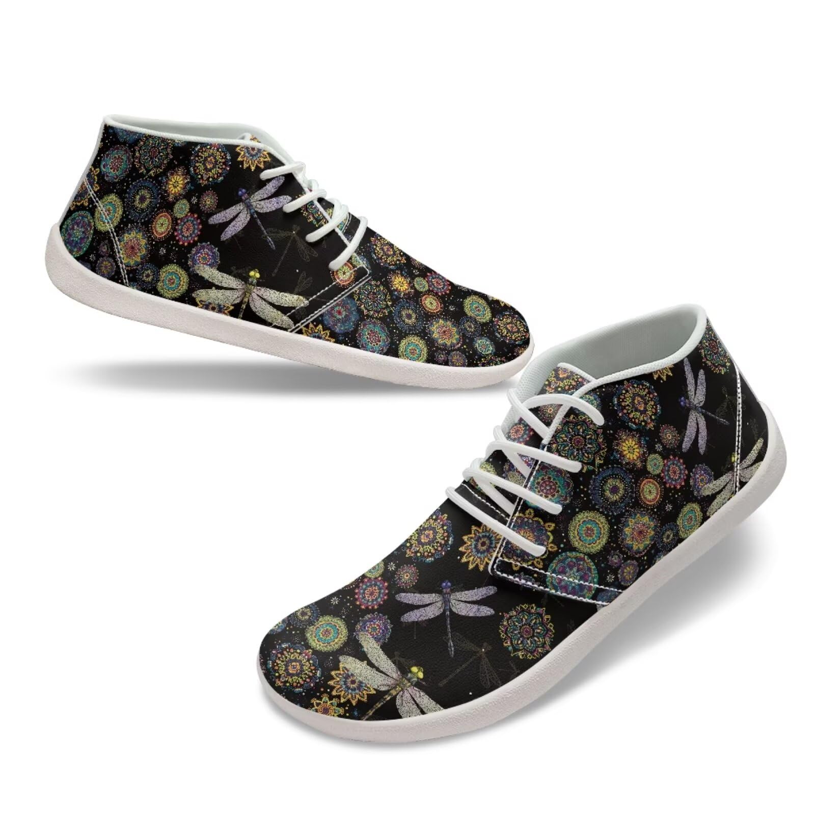 Howilath Mandala Floral Barefoot Sneakers Women Waterproof Wide Toe Walking Shoes, Anti-Skid Dragonfly Print Low Zero Drop Sneaker Trail Running Sneakers