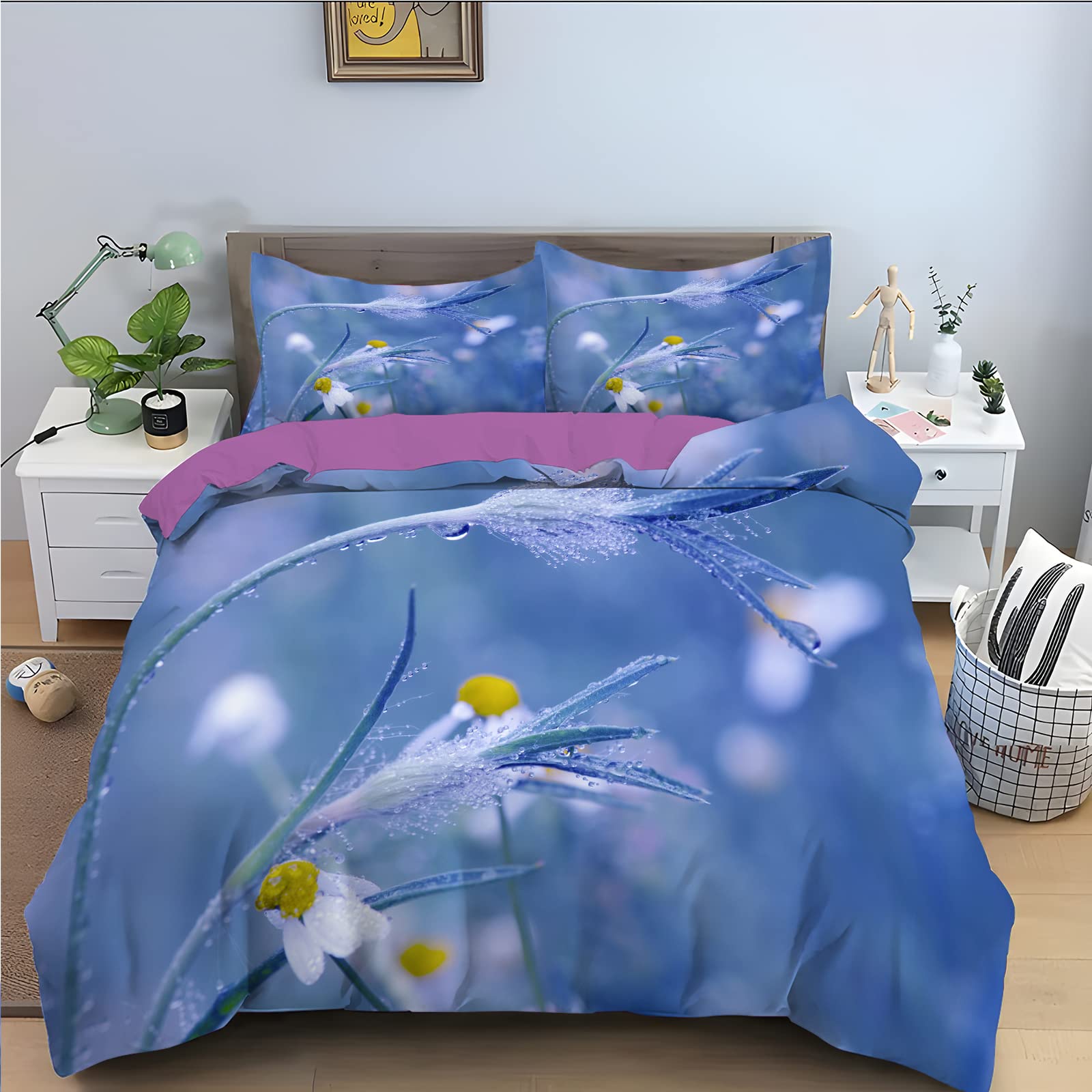 Housse de couette 240x260 fleur bleue finie la couette qui glisse avec le zip