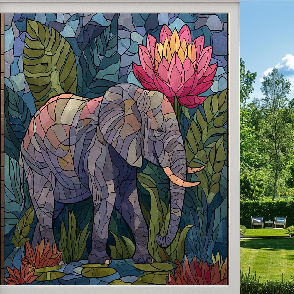 Lotus Flower Elephant Stained Glass Window Film, Nature Tropical Jungle Peel and Stick Privacy Film, Frosted Adhesive Vinyl Decorative for Bathroom Windows Glass Doors, （90x160cm）
