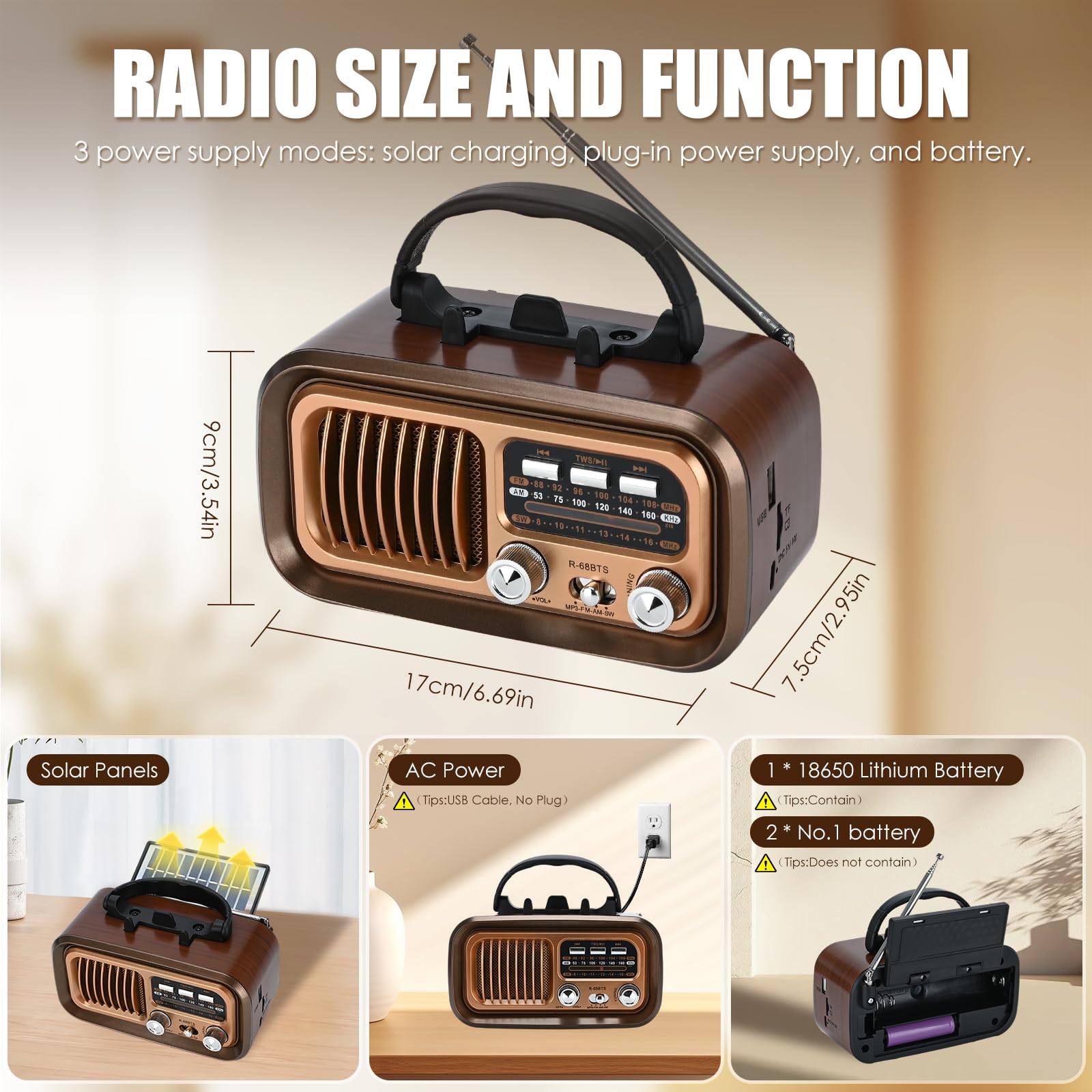 Radio Retro portátil, Radio portátil con Bluetooth, Am/FM/SW Bandas, Batería Recargable y Panel Solar-soporta Tarjeta USB/TF, emparejamiento TWS, diseño portátil para Cocina, baño, Viajes (café)