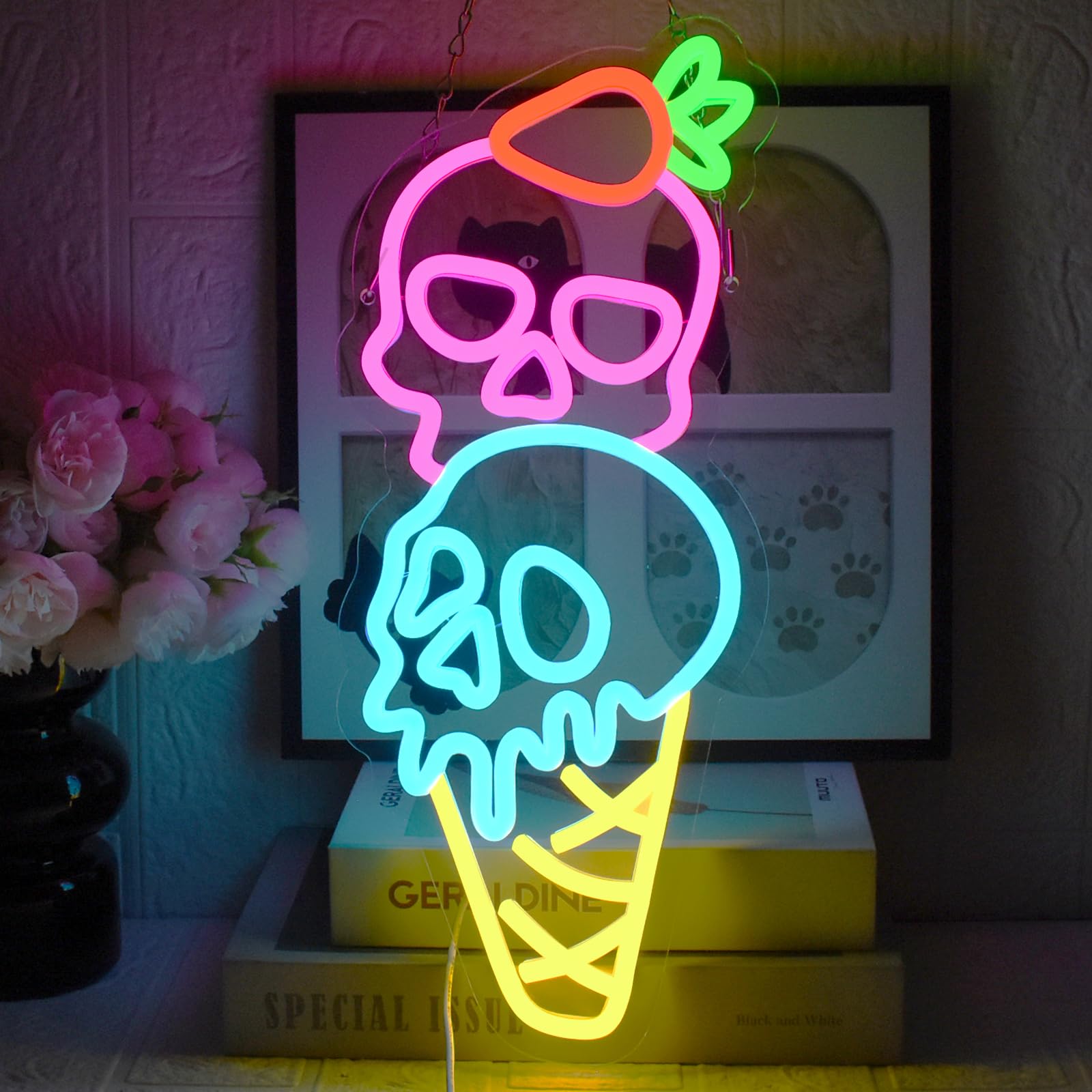 UExnkj-Y Ice Cream Neon Sign Ice Cream Skull Neon Sign LED Halloween Neon Sign USB Ice Neon Light for Dessert Snack Bar Cafe Shop Food Truck Halloween Party