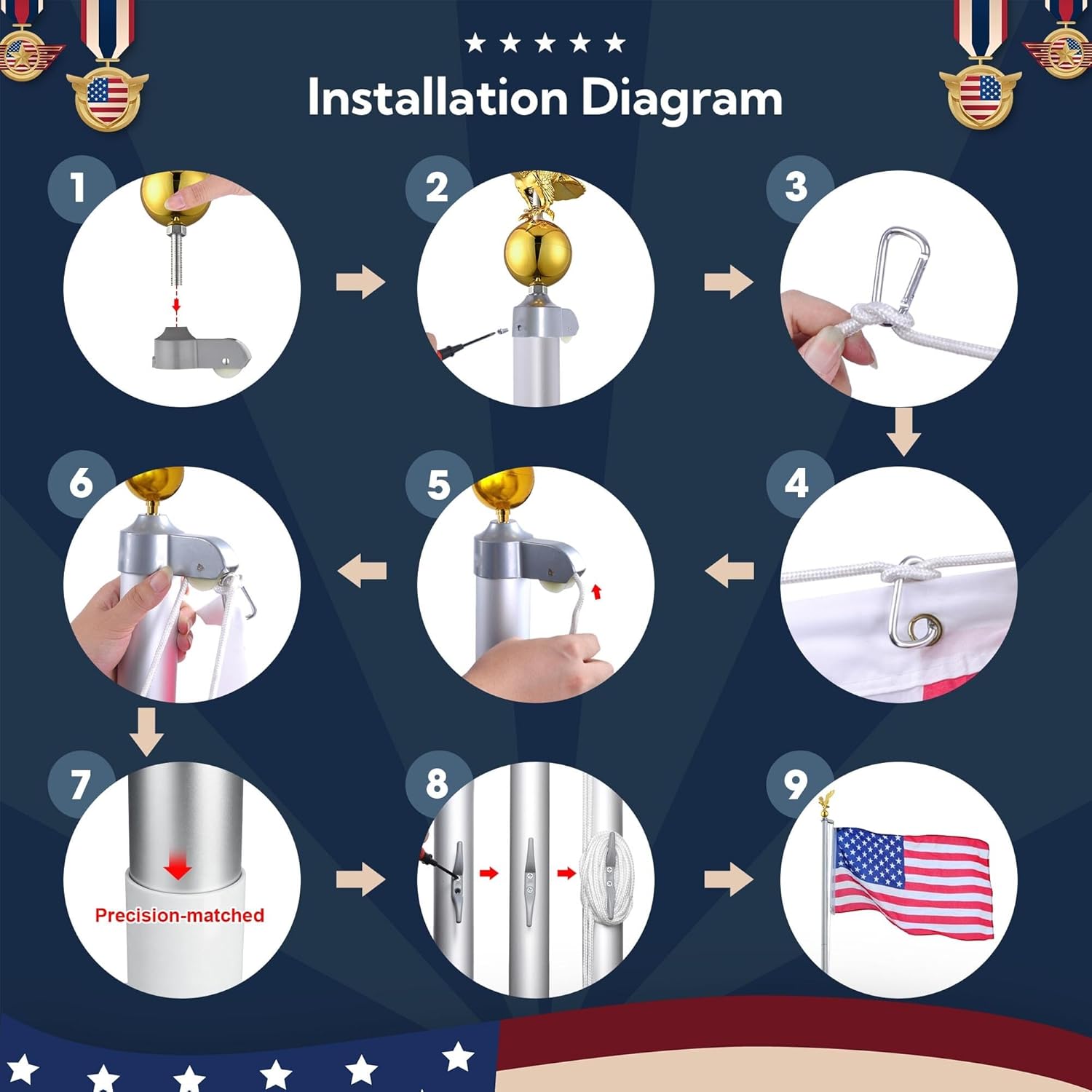 Yescom Bravery 20Ft Eagle Topper Sectional Flag Pole Kit Aluminum Flagpole Set for Outside House Inground Yard Garden Residential Commercial with 3'x5' USA Flag Halyard Flag-Raising Rope Sleeve Silver