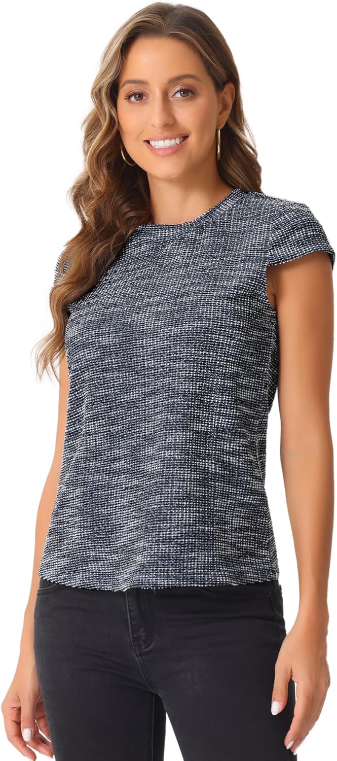 Allegra K Tweed Tops for Women's Summer Plaid Cap Sleeve Casual Blouse
