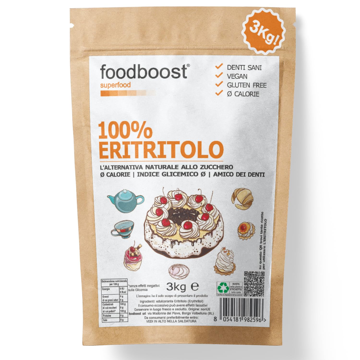 Eritritolo 3Kg foodboost, sostituto dello zucchero, 0kcal - 100% Puro, stesso potere dolcificante dello zucchero da cucina, adatto per diabetici e diete ipocaloriche o bilanciate - 3kg BULK