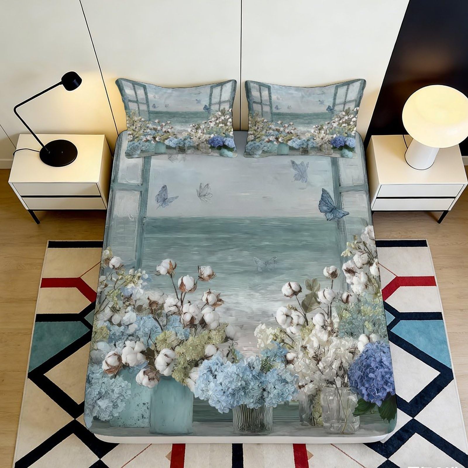 3D Printed Coastal Floral Fitted Sheet Microfiber Soft Durable Ocean View Bed Cover for Bedroom Dormitory Guest Room Mattress Protection Decor 160x200x25cm