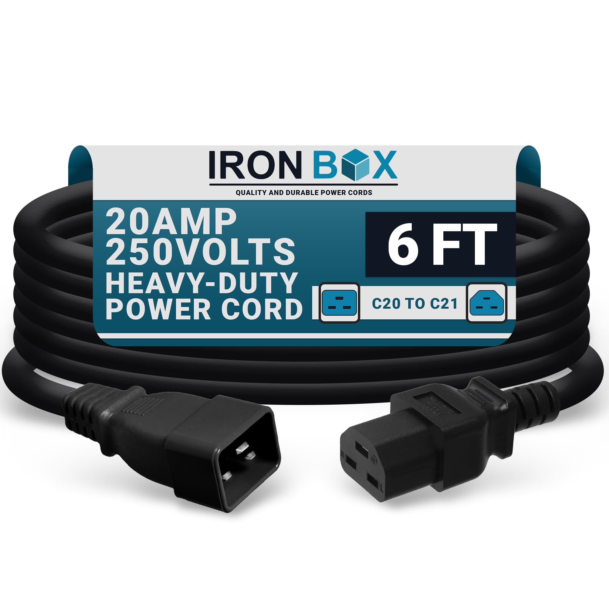 IronBox Electric - Heavy-Duty C20 to C21 Power Cable - 20A, 250V, 12/3 AWG - IEC 60320 Computer Power Supply Extension Cord - PSU Wire Connectors - UL