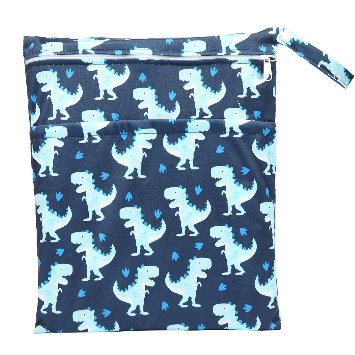Sigzagor Wet Bag - Borsa Per Pannolini, Riutilizzabile, Con Due Tasche Con Cerniera (Motivo: Dinosauri Blu)-image