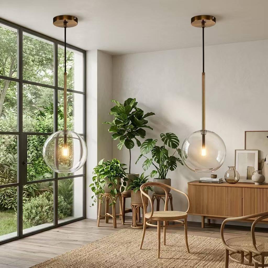 Modern Bubble Pendant Light, 5.9" Clear Glass Globe Hanging Lighting with Gold Finish, Mid-Century Chandelier Pendant Lamp for Kitchen Island, Bedroom Bedside, Dining Room (Clear, 2 Pack)