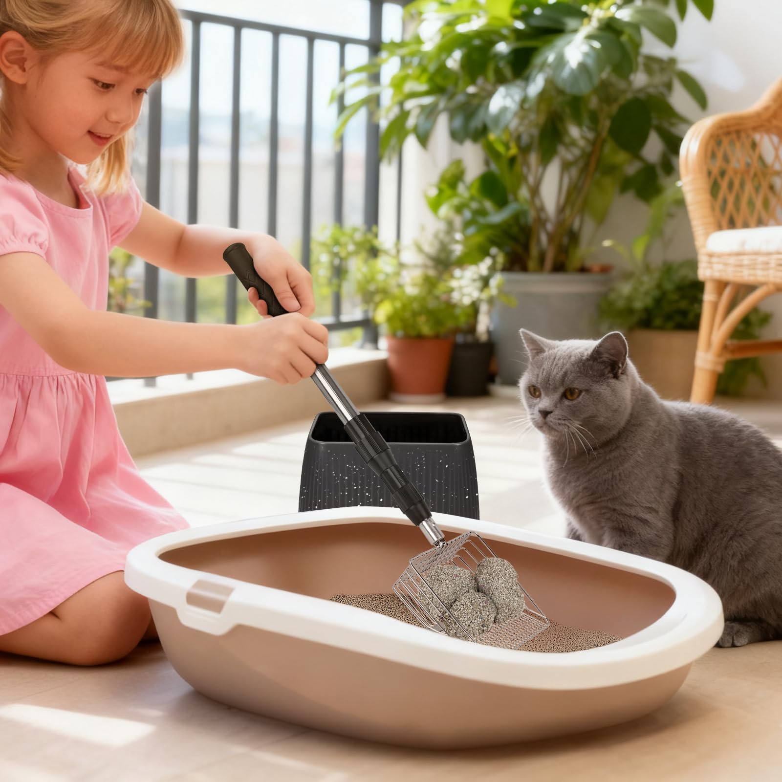 XBX Cuchara de arena para gatos de mango largo con soporte, pala de arena de metal extensible ajustable, tamiz de pala de acero inoxidable para limpieza de cajas de arena, pala duradera para uso